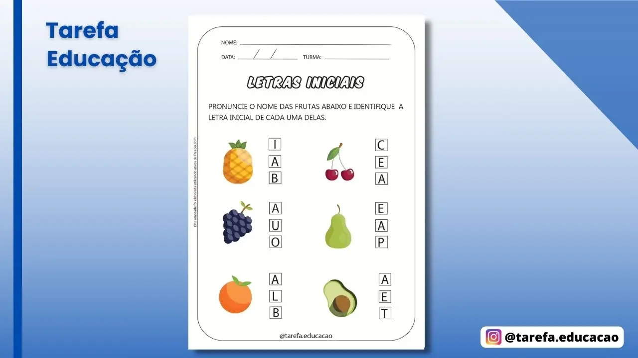 Capa da atividade: Identificando letras iniciais - Frutas