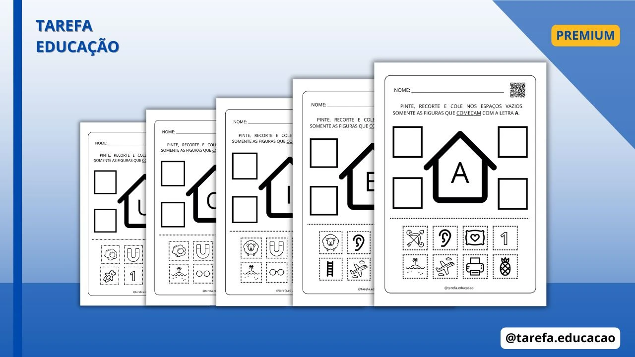 Capa do post: Pinte, recorte e cole as figuras na vogal inicial correspondente