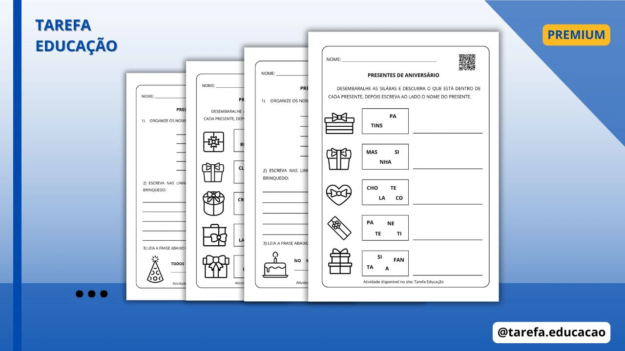 Capa do post: Desembaralhe silábas, escreva, leia e complete frases (Temática: presentes de aniversário)