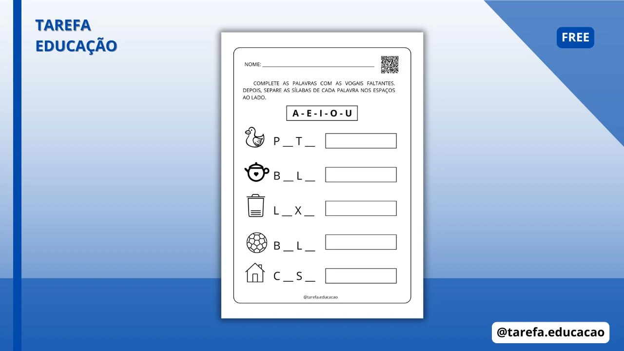 Capa do post Complete as palavras com as vogais faltantes (Palavras dissílabas)