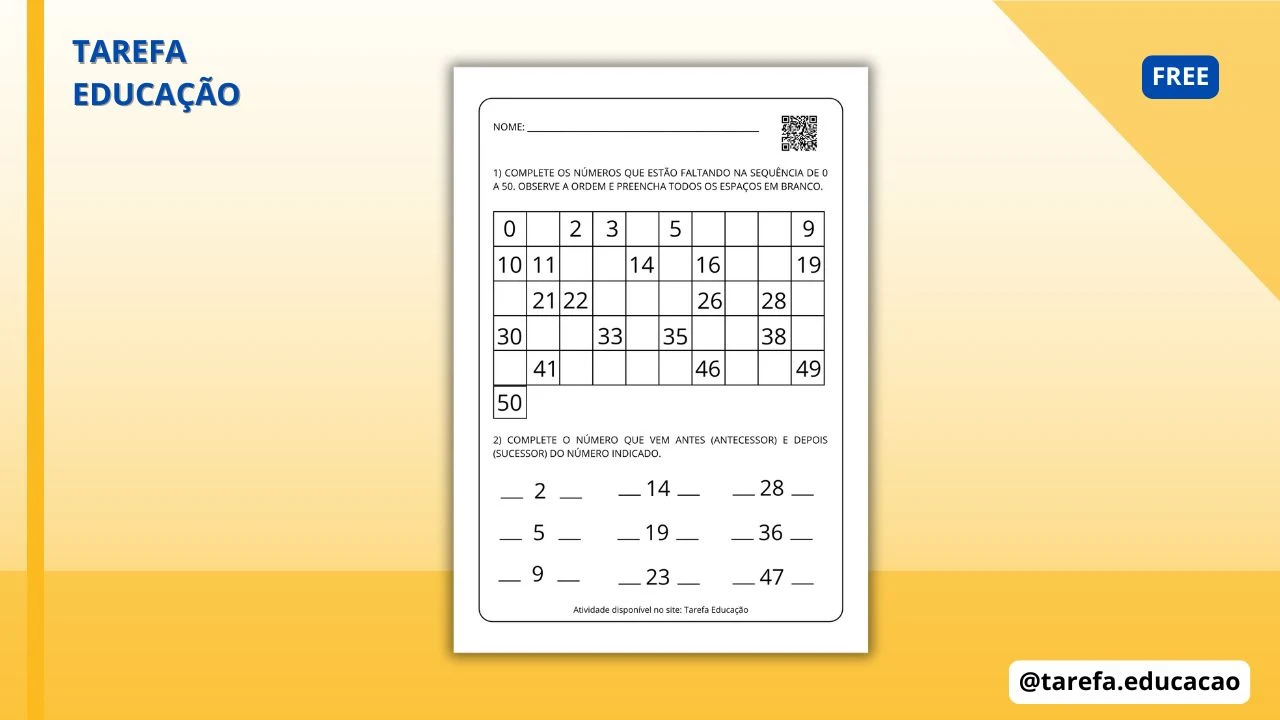 Capa do post: Sequência Numérica / Antecessor e Sucessor (0 - 50)